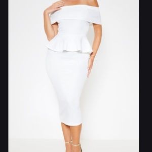 White Bardot Peplum Midi Dress